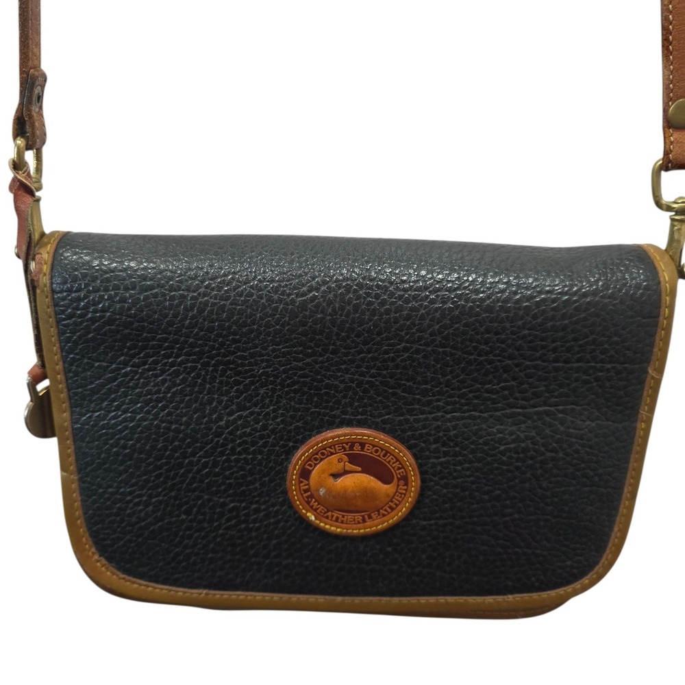 Vintage Dooney & Bourke AWL Black Tan Leather Crossbody Shoulder Bag Duck Logo - Picture 2 of 16